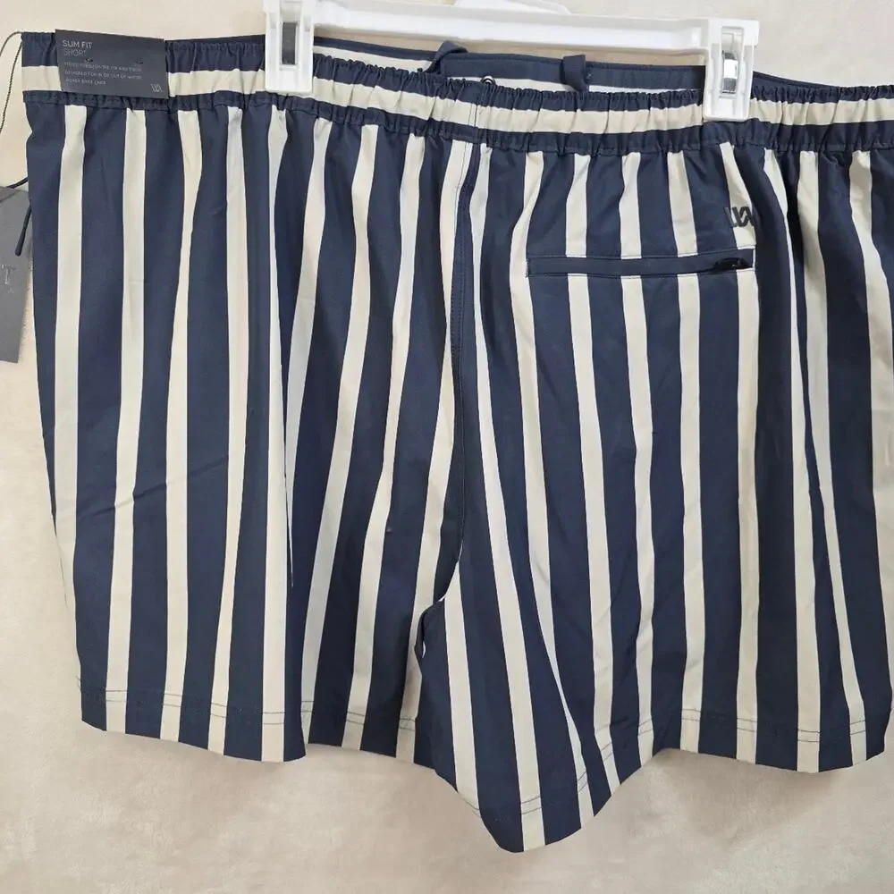 Vrst Striped resort swim shorts with navy and white vertical stripes NWT *FLAW*